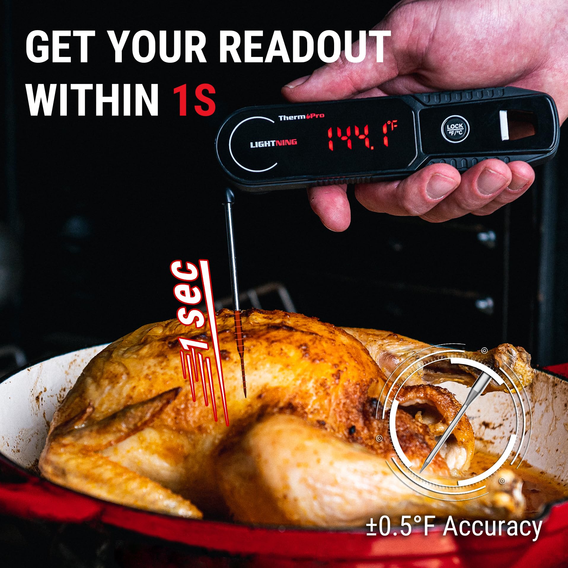 Thermopro Lightning 1-Second Instant Read Meat Thermometer, Calibratable Kitchen Food Thermometer With Ambidextrous Display, Wat